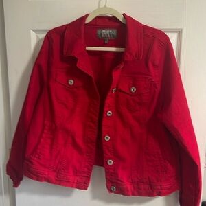 Super cute, bright red, stretch denim jacket!